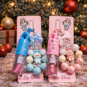 Labubu Lip Gloss Keychain with Beaded Charm – Pink & Blue Set | Brand New